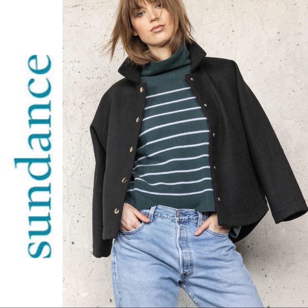 NWT $228~SUNDANCE Lilla P~Black Felt Flannel Snap Front Jacket~Shacket~Small/Med